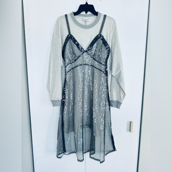 VAQUERA Oversized Gray Slip Dress Long Sleeve T-Shirt with sequin apron front XS - Picture 9 of 17